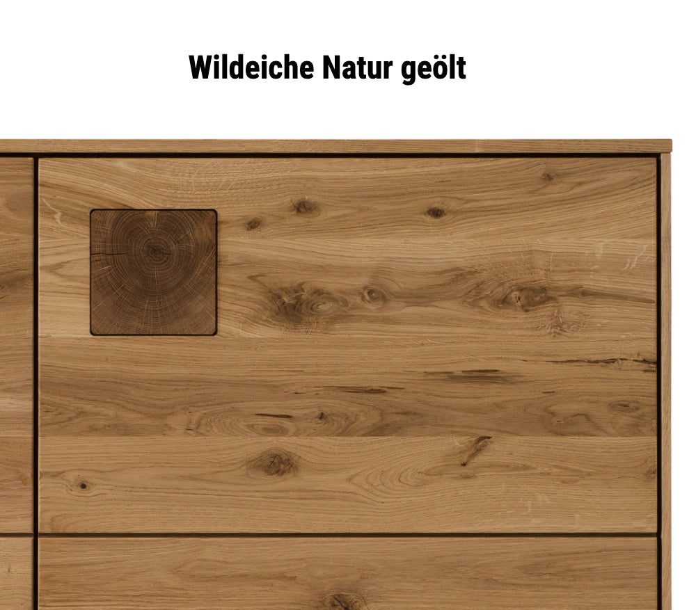 TPT Davos Higboard 3-türig mit Glas, Wildeiche massiv natur/blanco geölt, inkl. Beleuchtung B/H/T 165 x 145 x 44 cm