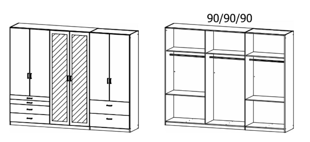 Drehtürenschrank Wildberg 6-türig mit 2 Spiegeltüren und 6 Schubladen B/H/T ca. 270 x 210 x 58 cm