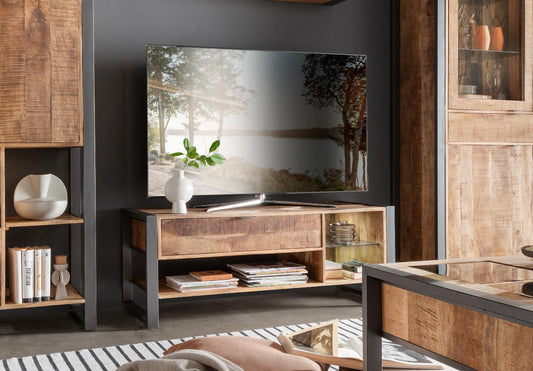 TV Lowboard Cayro Mangoholz massiv multifarbig inkl. Beleuchtung B/H/T 129/180 x 49 x 49 cm