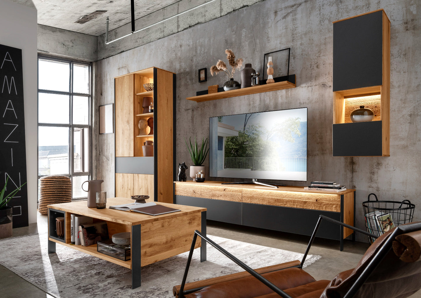 Wohnzimmer-Set Boston Eiche/Wildeiche massiv geölt 4-teilig inkl. Beleuchtung