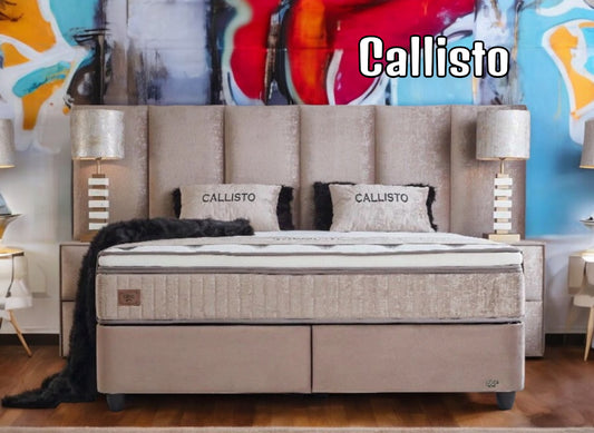 Boxspringbett Callisto Beige Voll-orthopädisches Komfortbett mit Bettkasten, Stauraum, inkl. kostenlose Lieferung und Montage