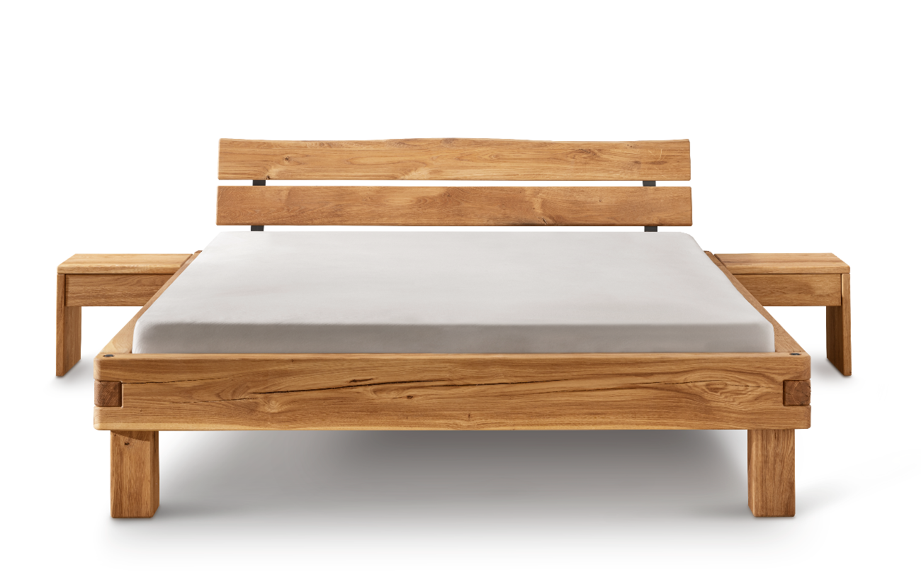 TPT Balkenbett 820-II-III mit Holzkopfteil, Wildeiche massiv natur geölt Breite 140-200 x 200 cm