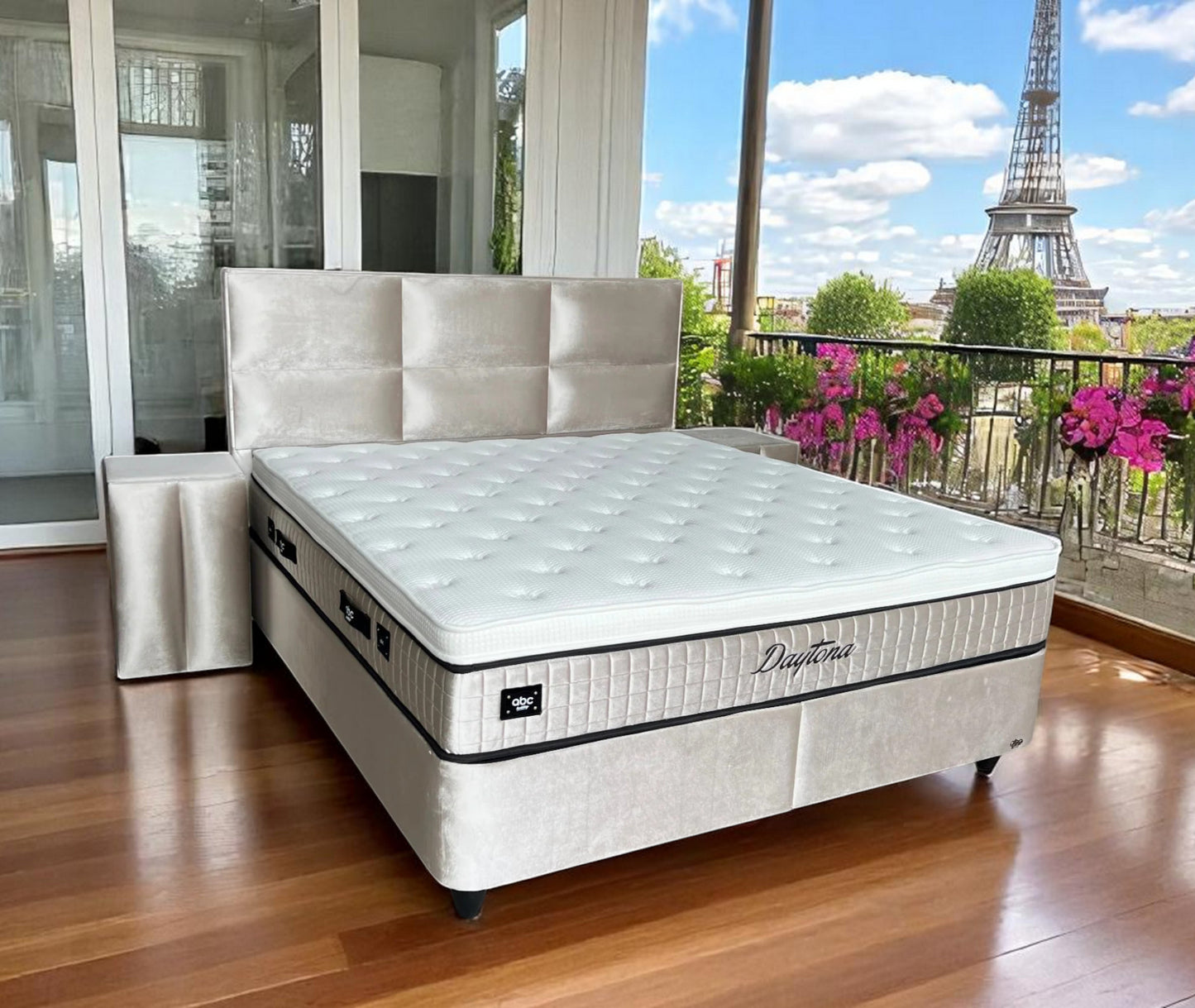 Boxspringbett Daytona "Deluxe" Beige in Hamilton Look Voll-orthopädisches Komfortbett mit Bettkasten, Stauraum, inkl. kostenlose Lieferung und Montage