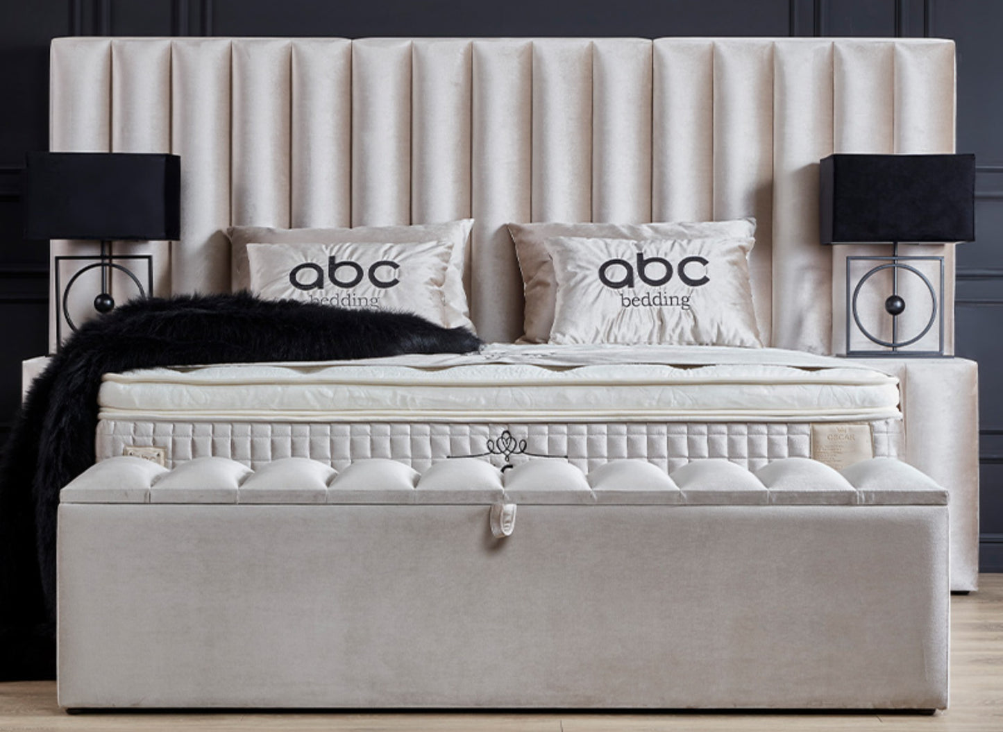 Boxspringbett Oscar Beige Voll-orthopädisches Komfortbett mit Bettkasten, Stauraum, inkl. kostenlose Lieferung und Montage