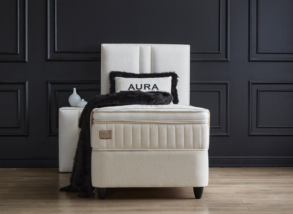 Boxspringbett Aura Cremeweiß Voll-orthopädisches Komfortbett mit Bettkasten, Stauraum, inkl. kostenlose Lieferung und Montage