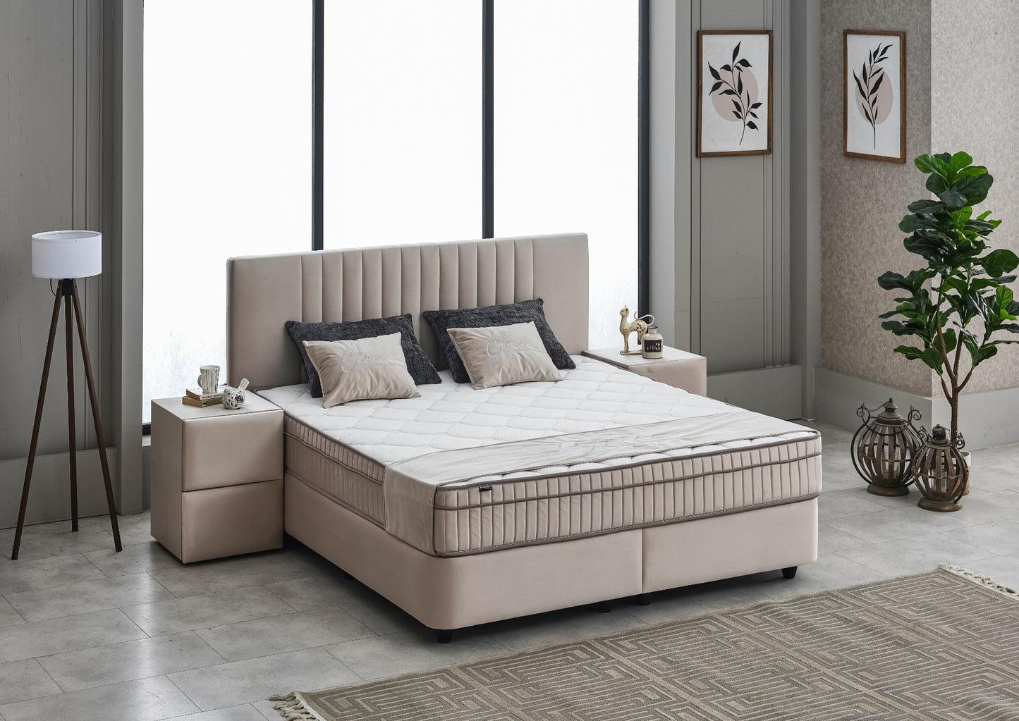 Boxspringbett Clara Beige Voll-orthopädisches Komfortbett mit Bettkasten, Stauraum, inkl. kostenlose Lieferung und Montage