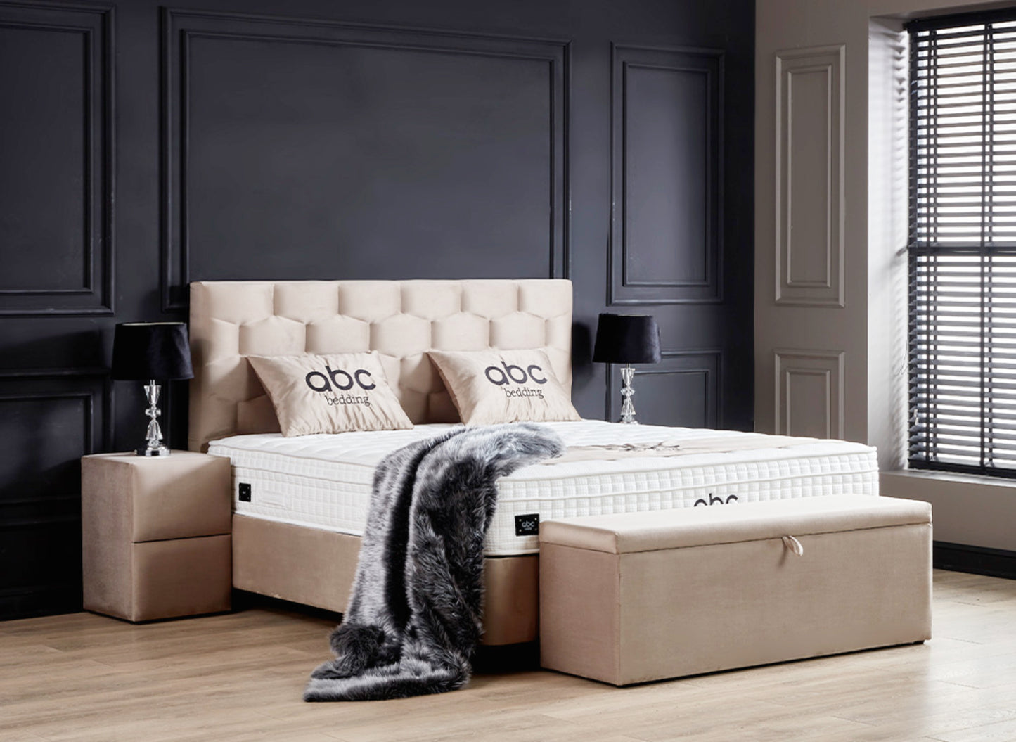 Boxspringbett Palermo Beige Voll-orthopädisches Komfortbett mit Bettkasten, Stauraum, inkl. kostenlose Lieferung und Montage