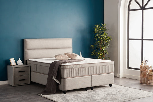 Boxspringbett Suna Hellgrau Voll-orthopädisches Komfortbett mit Bettkasten, Stauraum, inkl. kostenlose Lieferung und Montage
