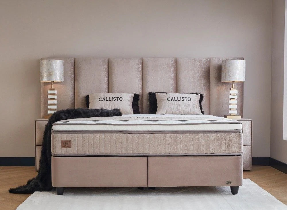 Boxspringbett Callisto Beige Voll-orthopädisches Komfortbett mit Bettkasten, Stauraum, inkl. kostenlose Lieferung und Montage