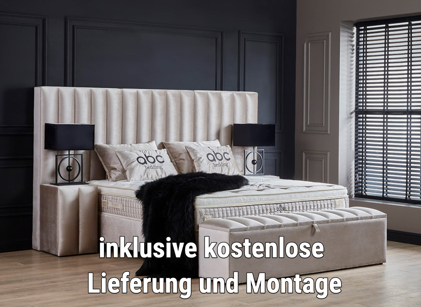 Boxspringbett Oscar Beige Voll-orthopädisches Komfortbett mit Bettkasten, Stauraum, inkl. kostenlose Lieferung und Montage
