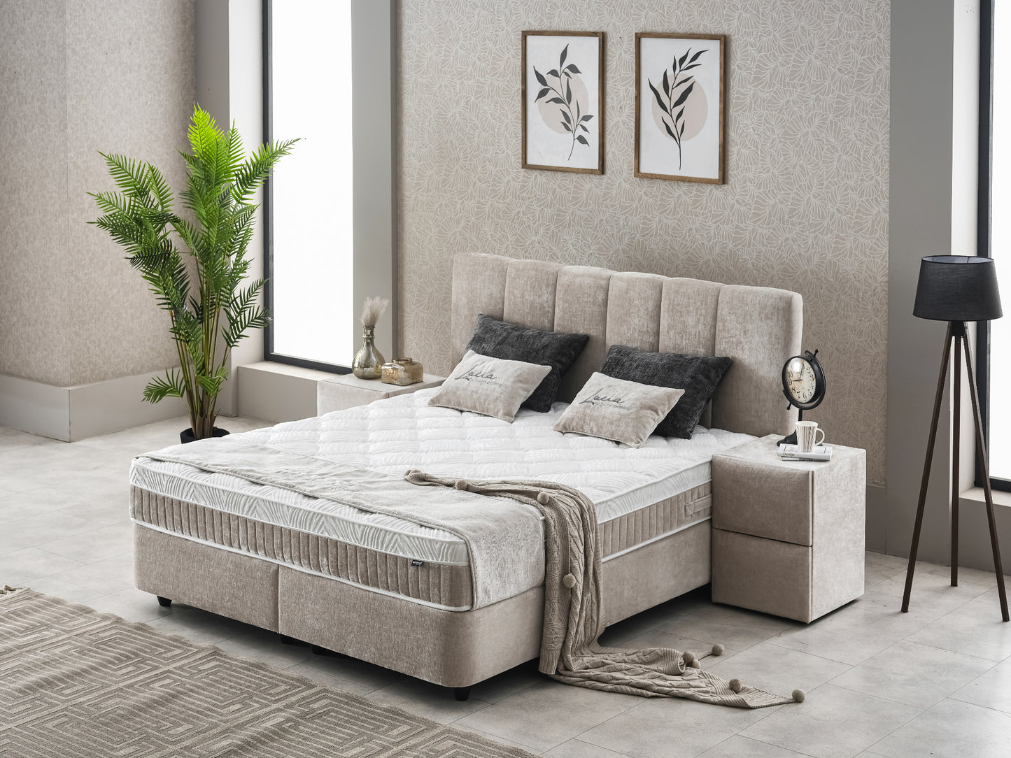 Boxspringbett Lucia Hellgrau/Beige Voll-orthopädisches Komfortbett mit Bettkasten, Stauraum, inkl. kostenlose Lieferung und Montage