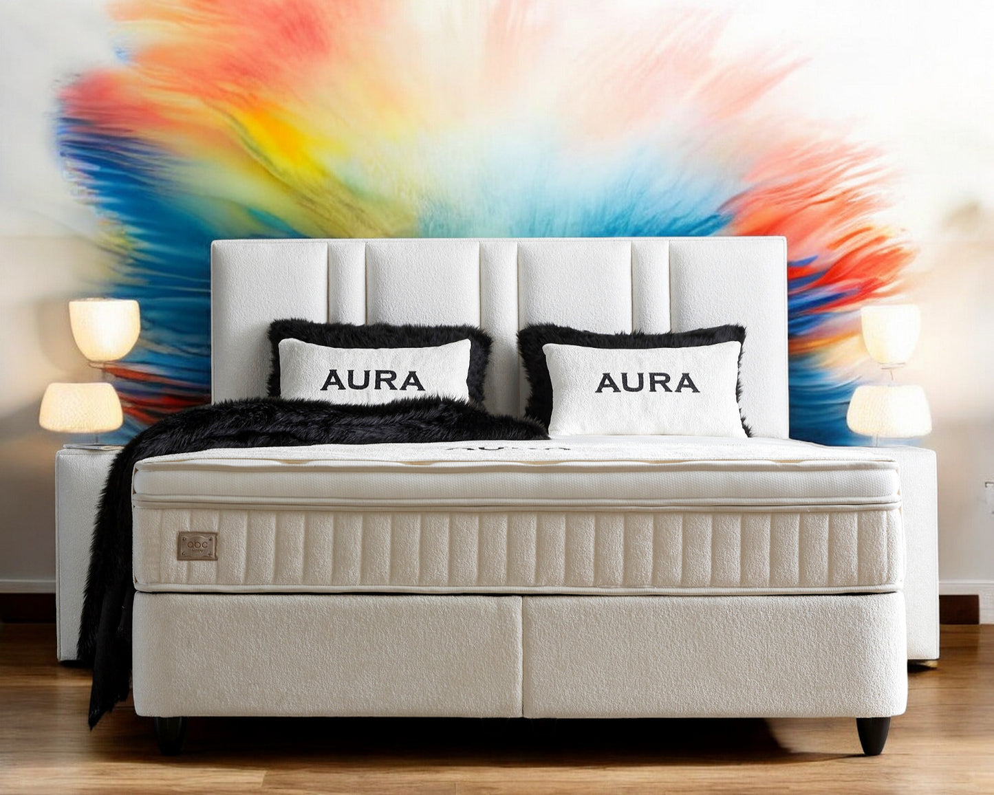 Boxspringbett Aura Cremeweiß Voll-orthopädisches Komfortbett mit Bettkasten, Stauraum, inkl. kostenlose Lieferung und Montage