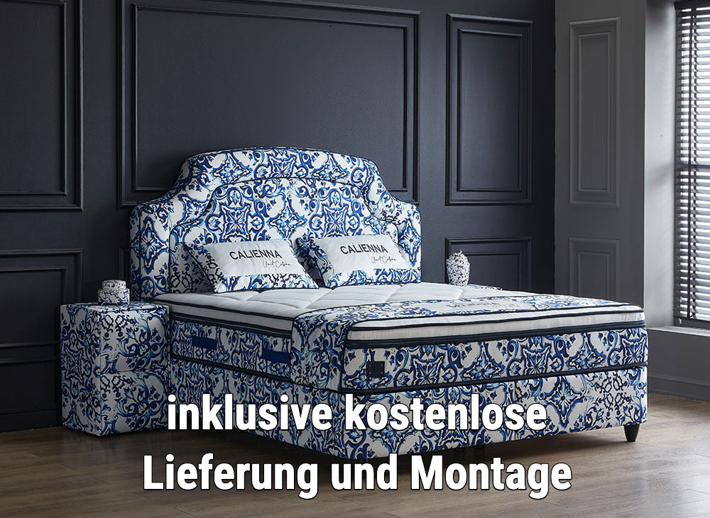 Boxspringbett Calienna im Dolce Gabbana Majolica Design Voll-orthopädisches Komfortbett mit Bettkasten, Stauraum, inkl. kostenlose Lieferung und Montage