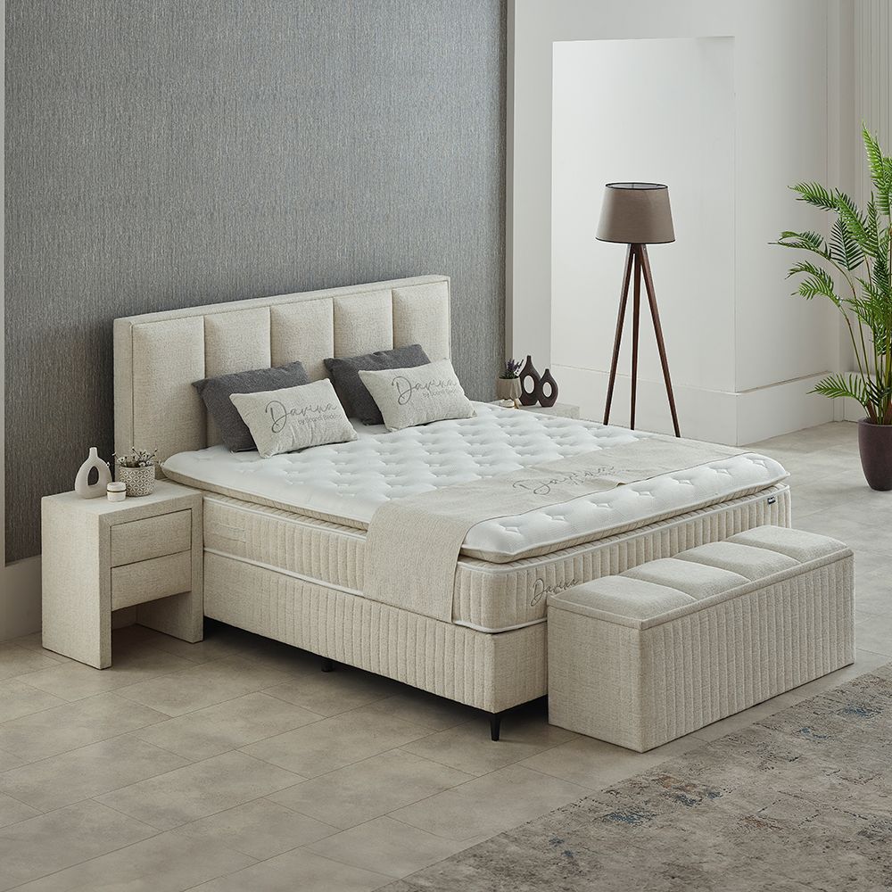 Boxspringbett Davina Beige Voll-orthopädisches Komfortbett mit Bettkasten, Stauraum, inkl. kostenlose Lieferung und Montage