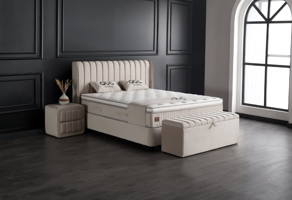 Boxspringbett Mabel Beige Voll-orthopädisches Komfortbett mit Bettkasten, Stauraum, inkl. kostenlose Lieferung und Montage