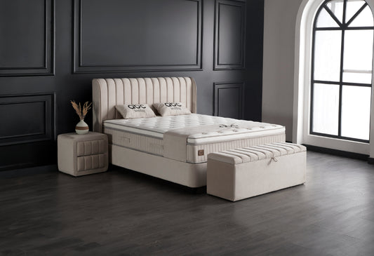 Boxspringbett Mabel Beige Voll-orthopädisches Komfortbett mit Bettkasten, Stauraum, inkl. kostenlose Lieferung und Montage