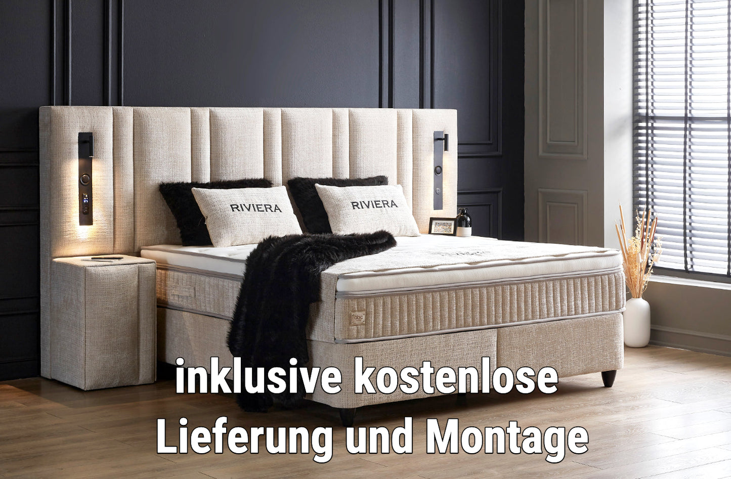 Boxspringbett Riviera Sandbeige Voll-orthopädisches Komfortbett mit Bettkasten, Stauraum, inkl. kostenlose Lieferung und Montage, inkl. Beleuchtung und integrierten USB-Steckdose im Kopfteil