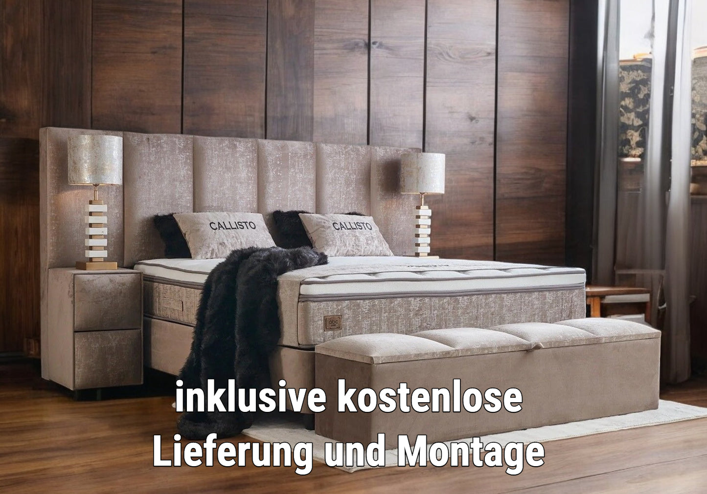 Boxspringbett Callisto Beige Voll-orthopädisches Komfortbett mit Bettkasten, Stauraum, inkl. kostenlose Lieferung und Montage