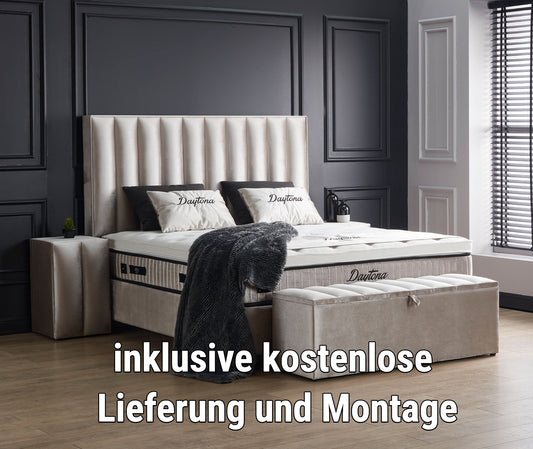 Boxspringbett Daytona Beige Voll-orthopädisches Komfortbett mit Bettkasten, Stauraum, inkl. kostenlose Lieferung und Montage