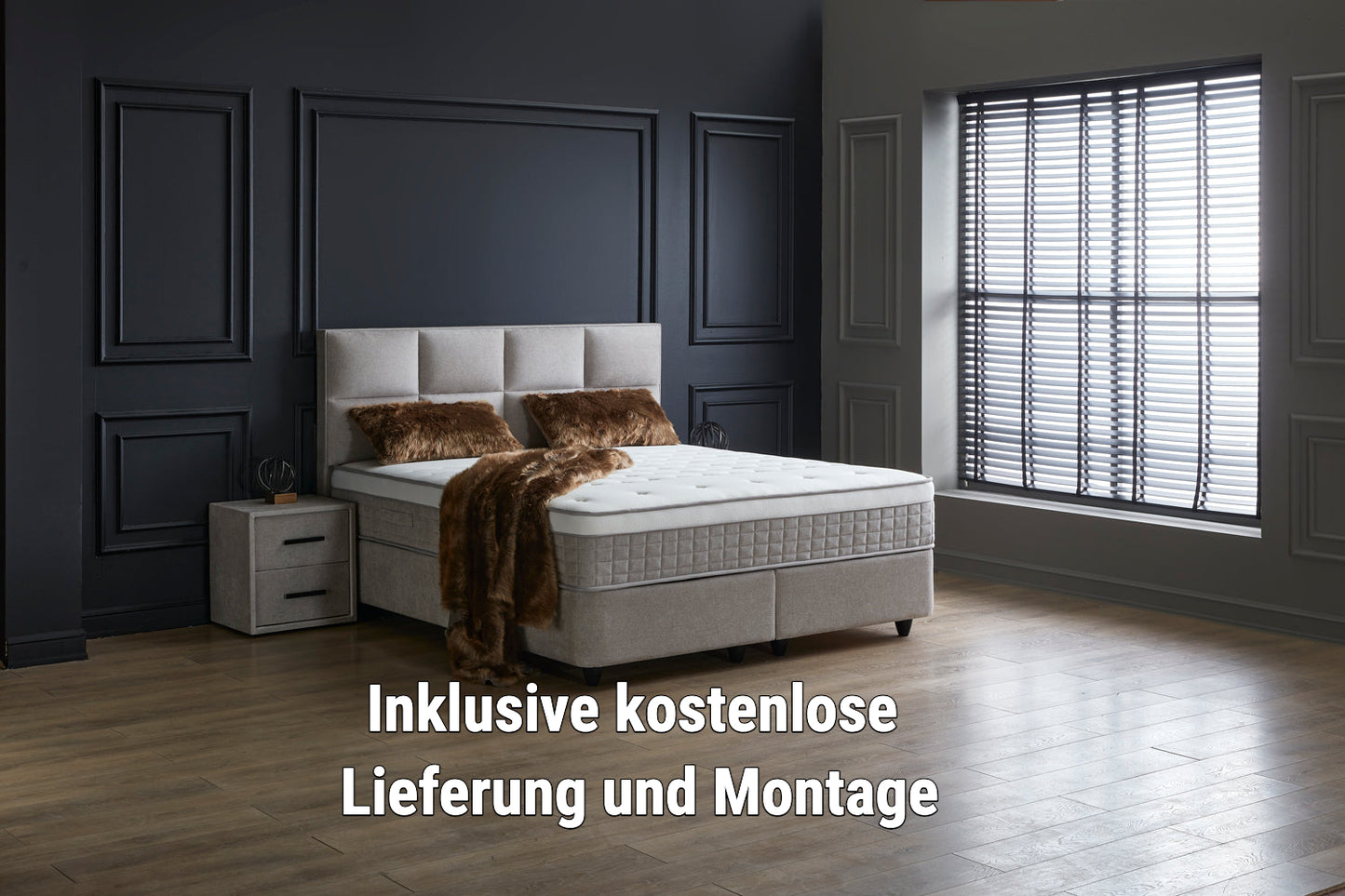 Boxspringbett Ayana Hellgrau/Beige Voll-orthopädisches Komfortbett mit Bettkasten, Stauraum, inkl. kostenlose Lieferung und Montage