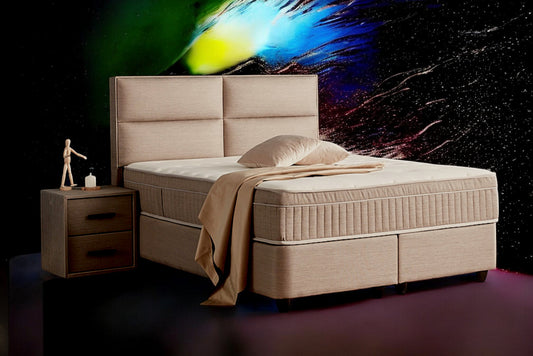 Boxspringbett Senna Beige/Braun Voll-orthopädisches Komfortbett mit Bettkasten, Stauraum, inkl. kostenlose Lieferung und Montage