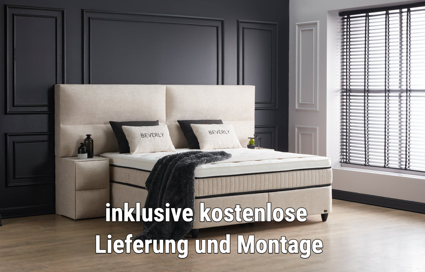 Boxspringbett Beverly Beige Voll-orthopädisches Komfortbett mit Bettkasten, Stauraum, inkl. kostenlose Lieferung und Montage
