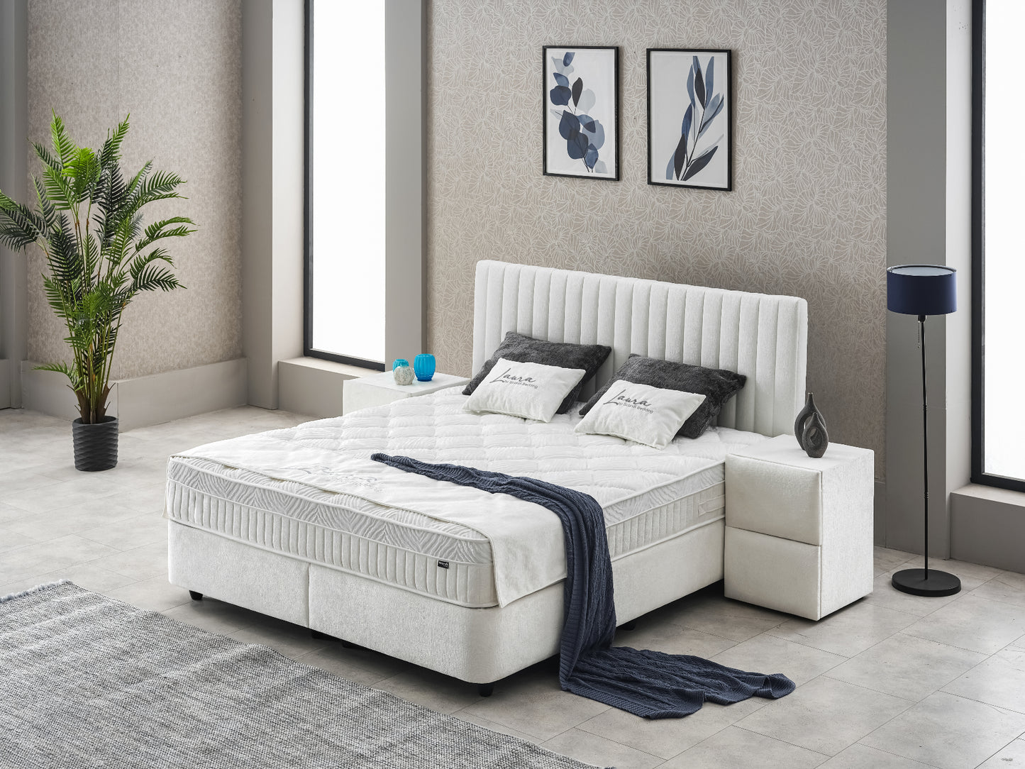 Boxspringbett Laura Cremeweiß Voll-orthopädisches Komfortbett mit Bettkasten, Stauraum, inkl. kostenlose Lieferung und Montage
