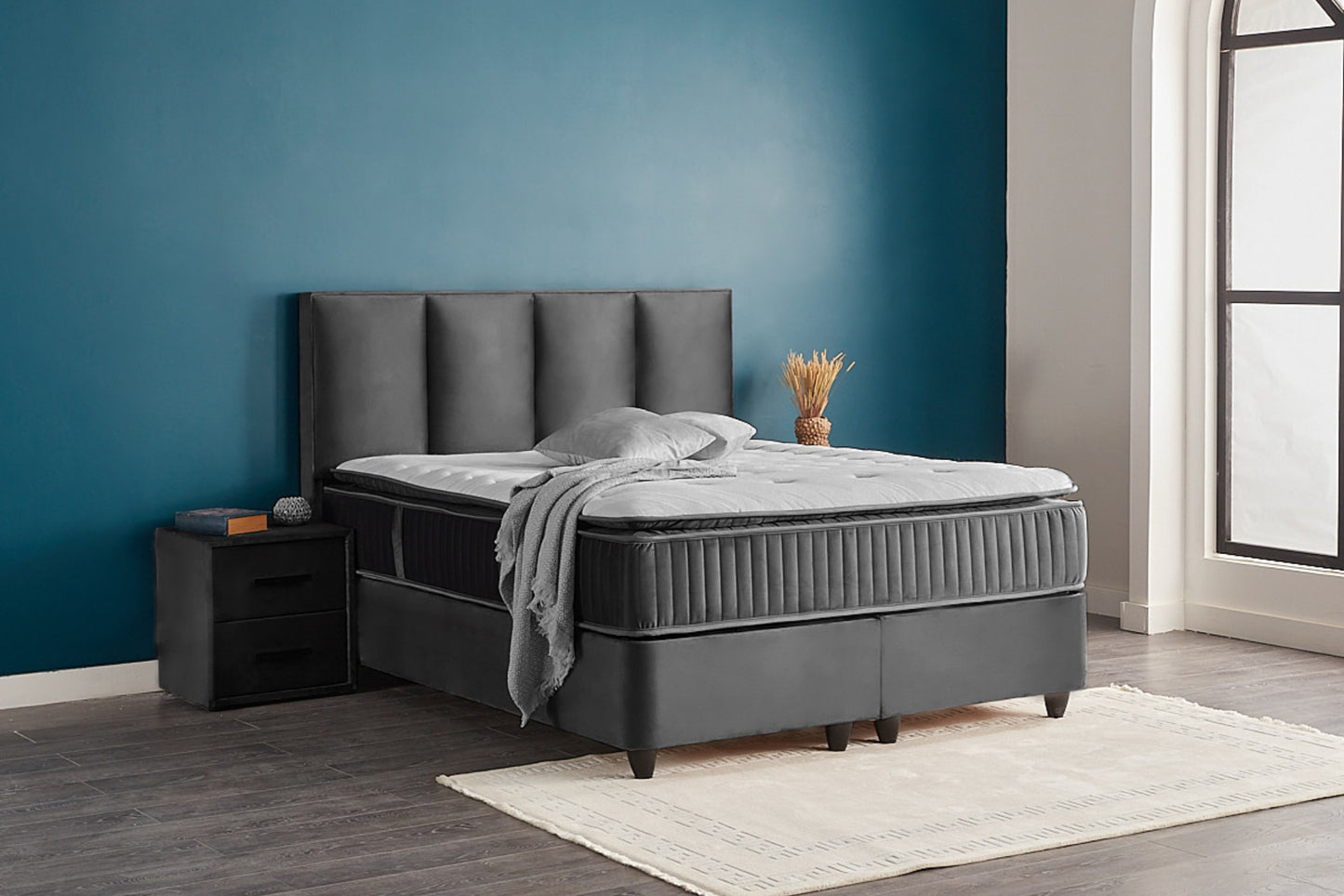 Boxspringbett Nora Grau Voll-orthopädisches Komfortbett mit Bettkasten, Stauraum, inkl. kostenlose Lieferung und Montage