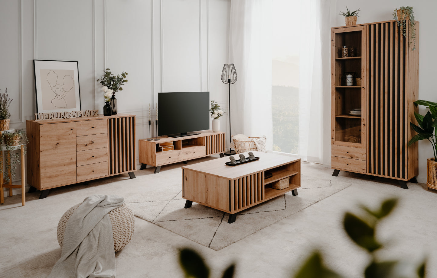 Wohnzimmer-Set Finori Medan Artisan-Oak/Anthrazit mit Lamelenelementen 4-teilig