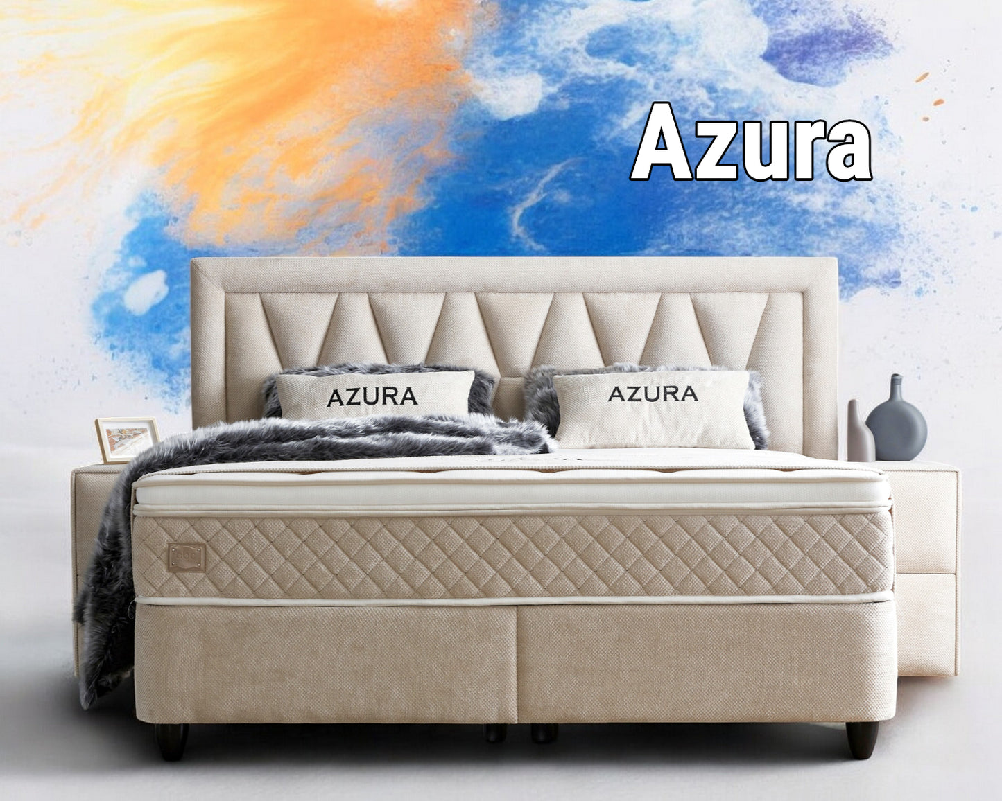 Boxspringbett Azura Beige Voll-orthopädisches Komfortbett mit Bettkasten, Stauraum, inkl. kostenlose Lieferung und Montage