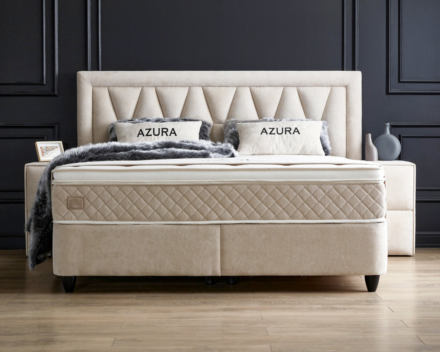 Boxspringbett Azura Beige Voll-orthopädisches Komfortbett mit Bettkasten, Stauraum, inkl. kostenlose Lieferung und Montage