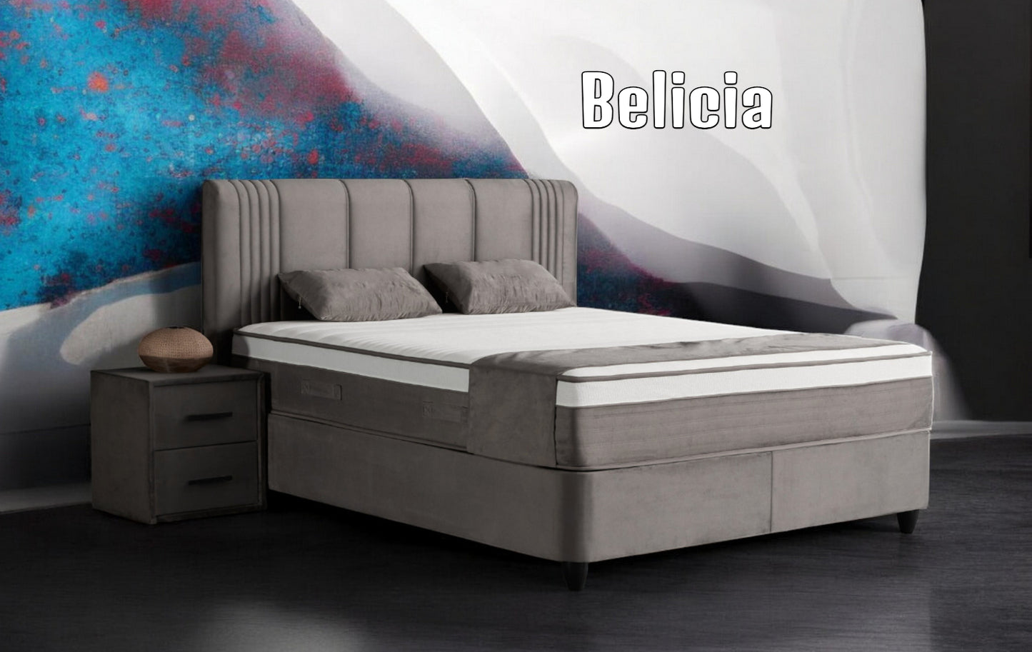 Boxspringbett Belicia Grau Voll-orthopädisches Komfortbett mit Bettkasten, Stauraum, inkl. kostenlose Lieferung und Montage