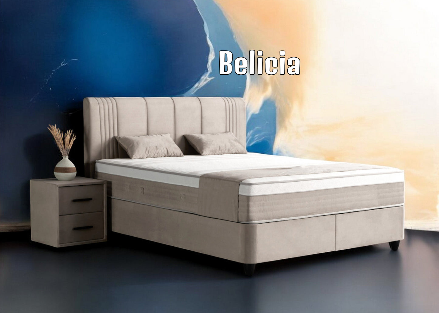 Boxspringbett Belicia Beige Voll-orthopädisches Komfortbett mit Bettkasten, Stauraum, inkl. kostenlose Lieferung und Montage
