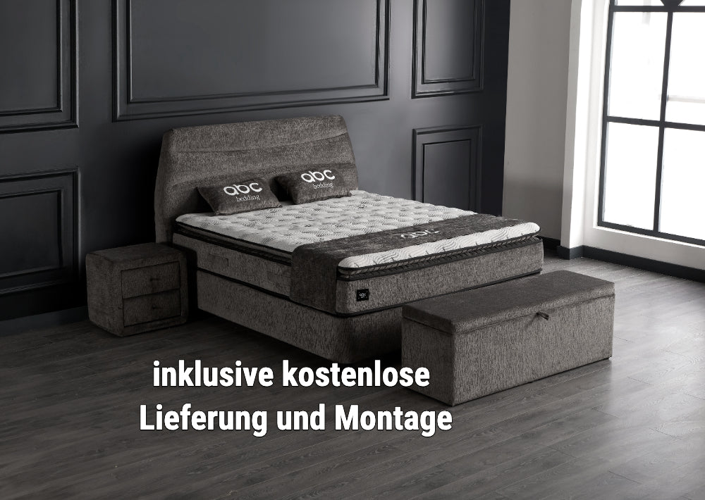 Boxspringbett Carlos Grau Voll-orthopädisches Komfortbett mit Bettkasten, Stauraum, inkl. kostenlose Lieferung und Montage