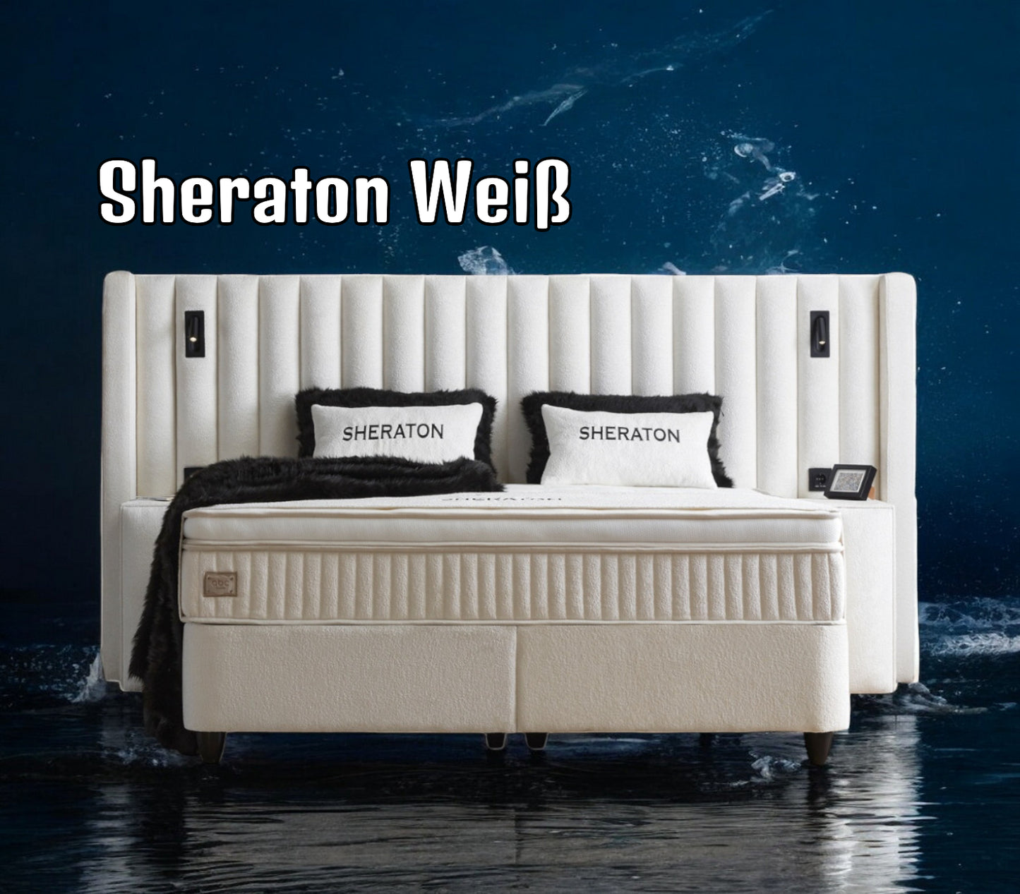 Boxspringbett Sheraton Cremeweiß Voll-orthopädisches Komfortbett mit Bettkasten, Stauraum, inkl. kostenlose Lieferung und Montage, inkl. Beleuchtung und integrierten Steckdosen im Kopfteil