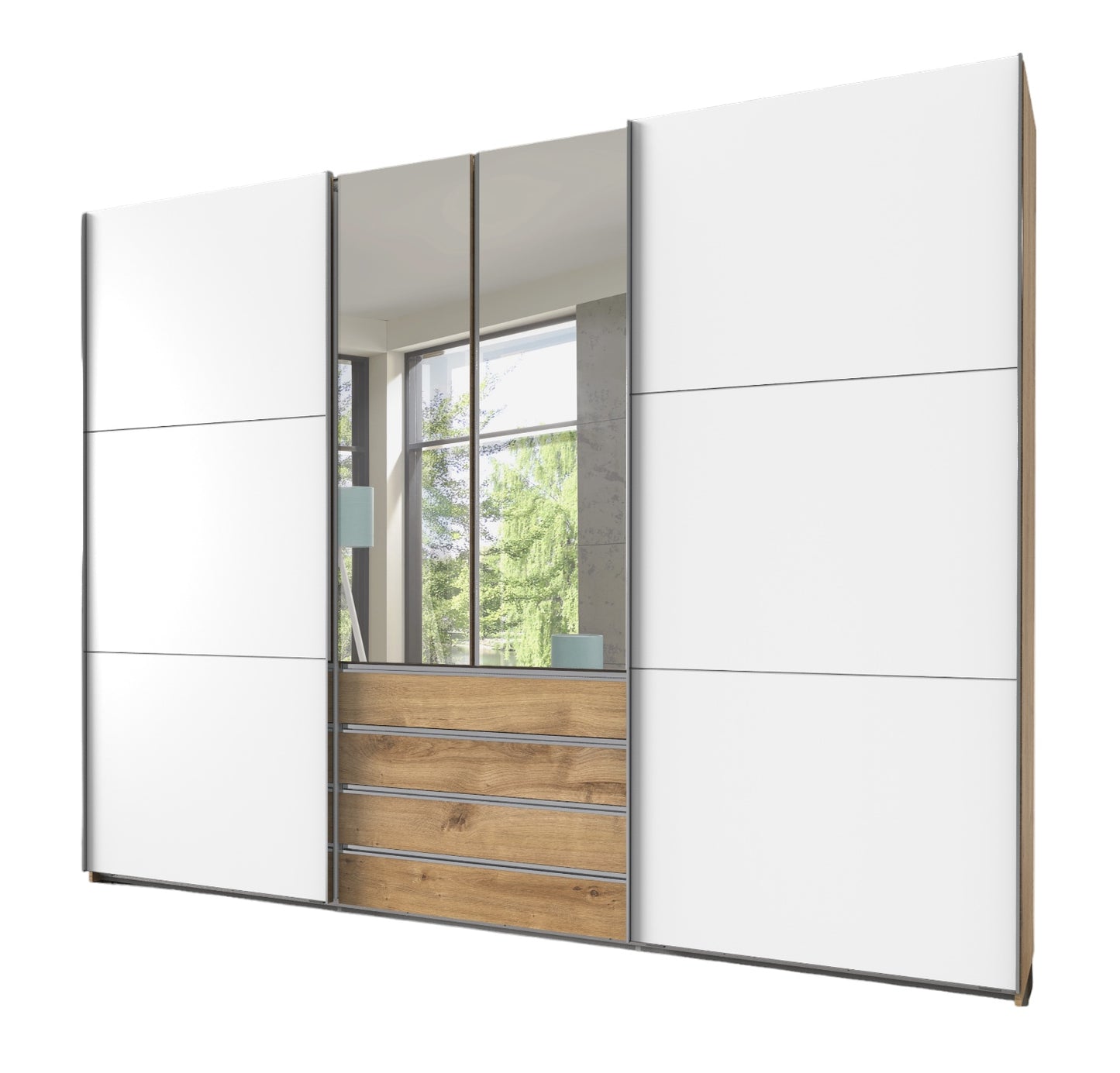 Funktions-Schwebetürenschrank Magic Holzdekor mit 2 Spiegeltüren B/H/T ca. 300 x 236 x 65 cm