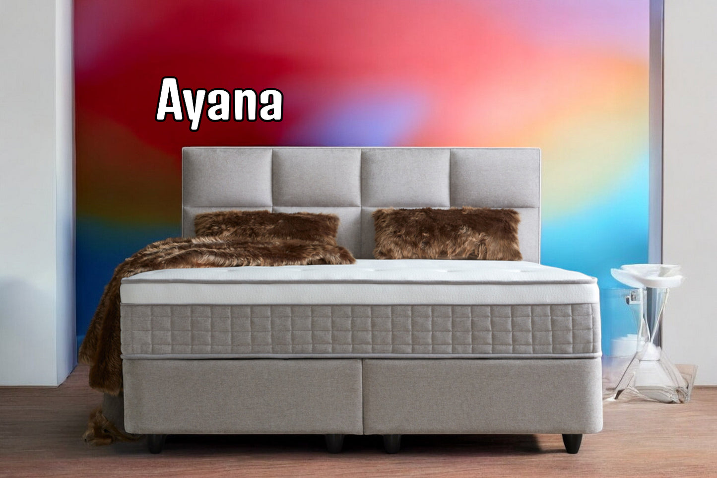Boxspringbett Ayana Hellgrau/Beige Voll-orthopädisches Komfortbett mit Bettkasten, Stauraum, inkl. kostenlose Lieferung und Montage