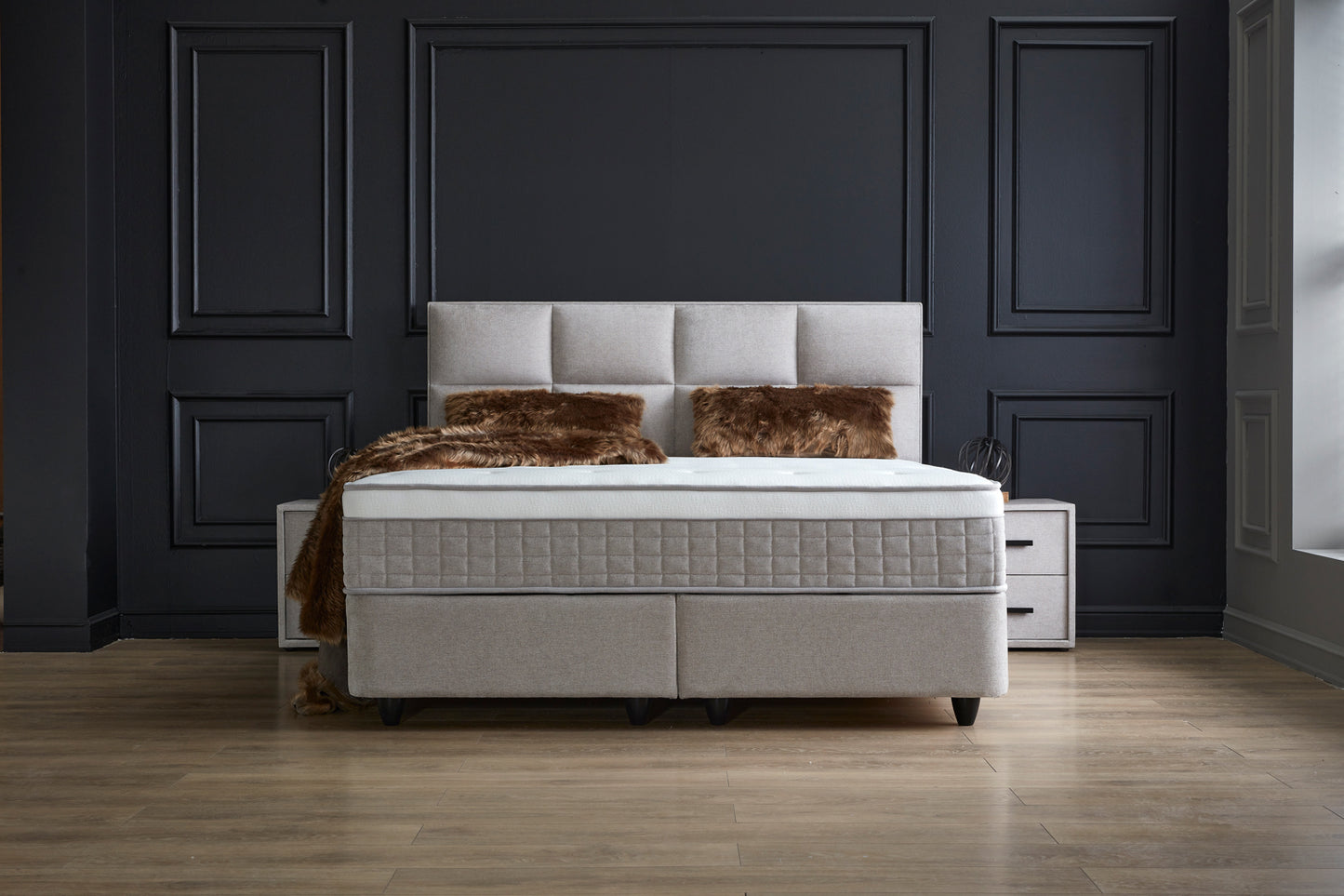 Boxspringbett Ayana Hellgrau/Beige Voll-orthopädisches Komfortbett mit Bettkasten, Stauraum, inkl. kostenlose Lieferung und Montage