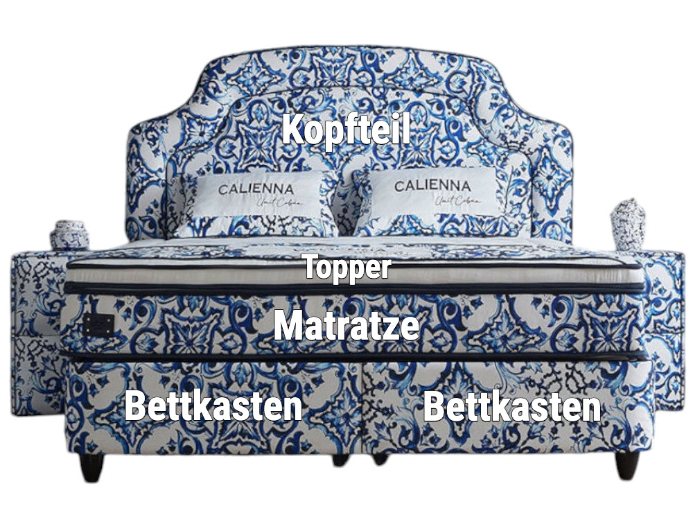 Boxspringbett Calienna im Dolce Gabbana Majolica Design Voll-orthopädisches Komfortbett mit Bettkasten, Stauraum, inkl. kostenlose Lieferung und Montage