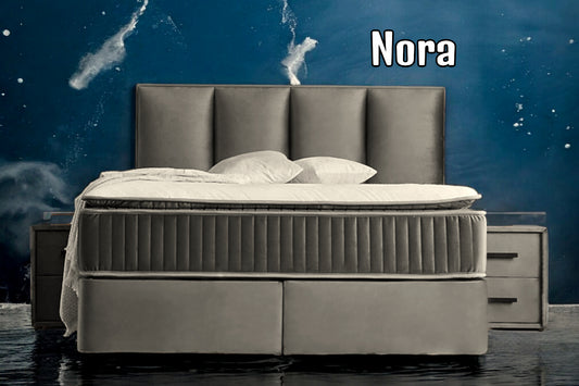 Boxspringbett Nora Grau Voll-orthopädisches Komfortbett mit Bettkasten, Stauraum, inkl. kostenlose Lieferung und Montage