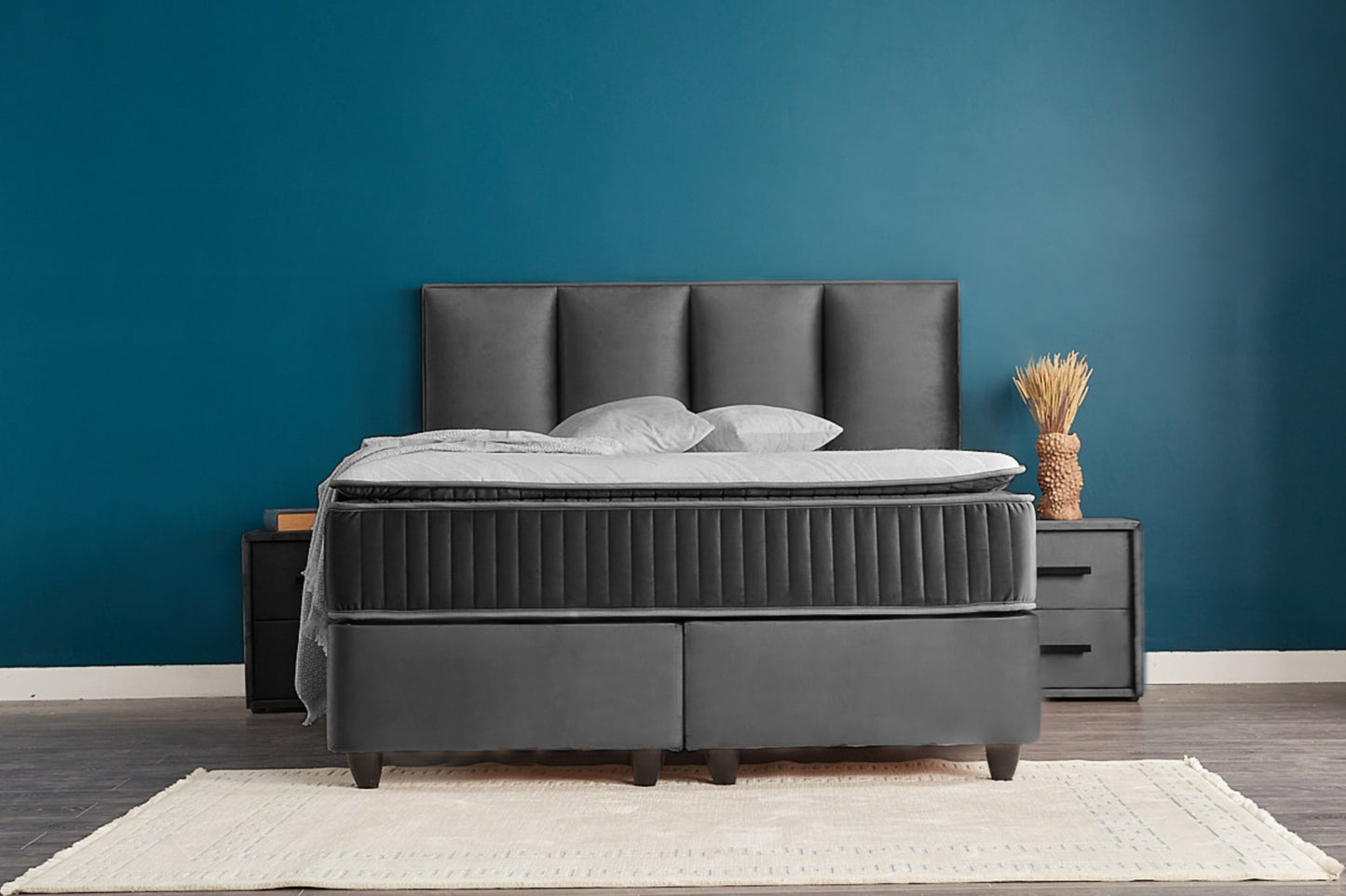 Boxspringbett Nora Grau Voll-orthopädisches Komfortbett mit Bettkasten, Stauraum, inkl. kostenlose Lieferung und Montage