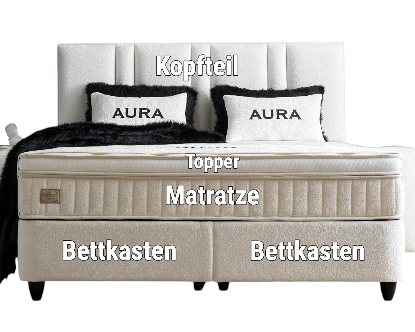 Boxspringbett Aura Cremeweiß Voll-orthopädisches Komfortbett mit Bettkasten, Stauraum, inkl. kostenlose Lieferung und Montage