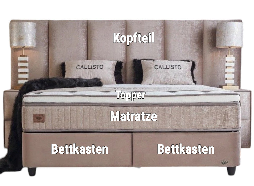 Boxspringbett Callisto Beige Voll-orthopädisches Komfortbett mit Bettkasten, Stauraum, inkl. kostenlose Lieferung und Montage