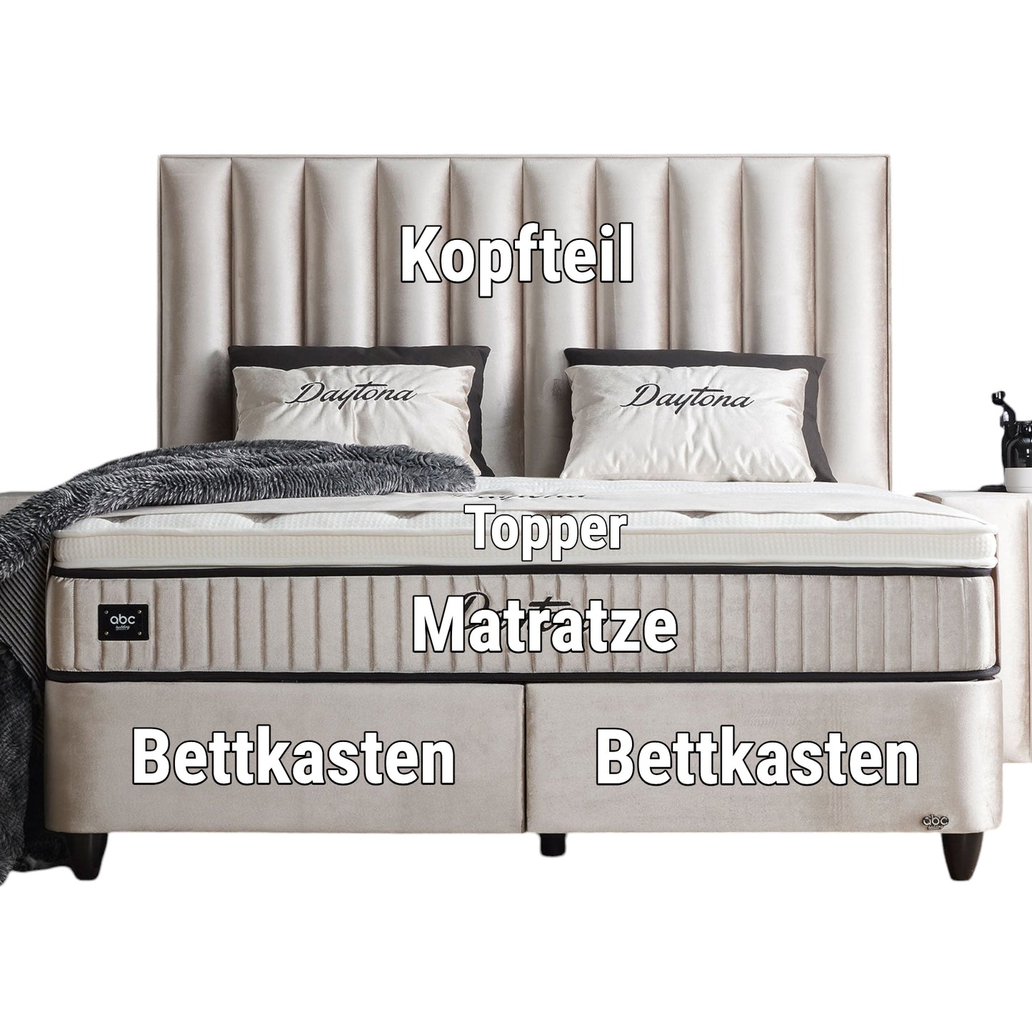 Boxspringbett Daytona Beige Voll-orthopädisches Komfortbett mit Bettkasten, Stauraum, inkl. kostenlose Lieferung und Montage