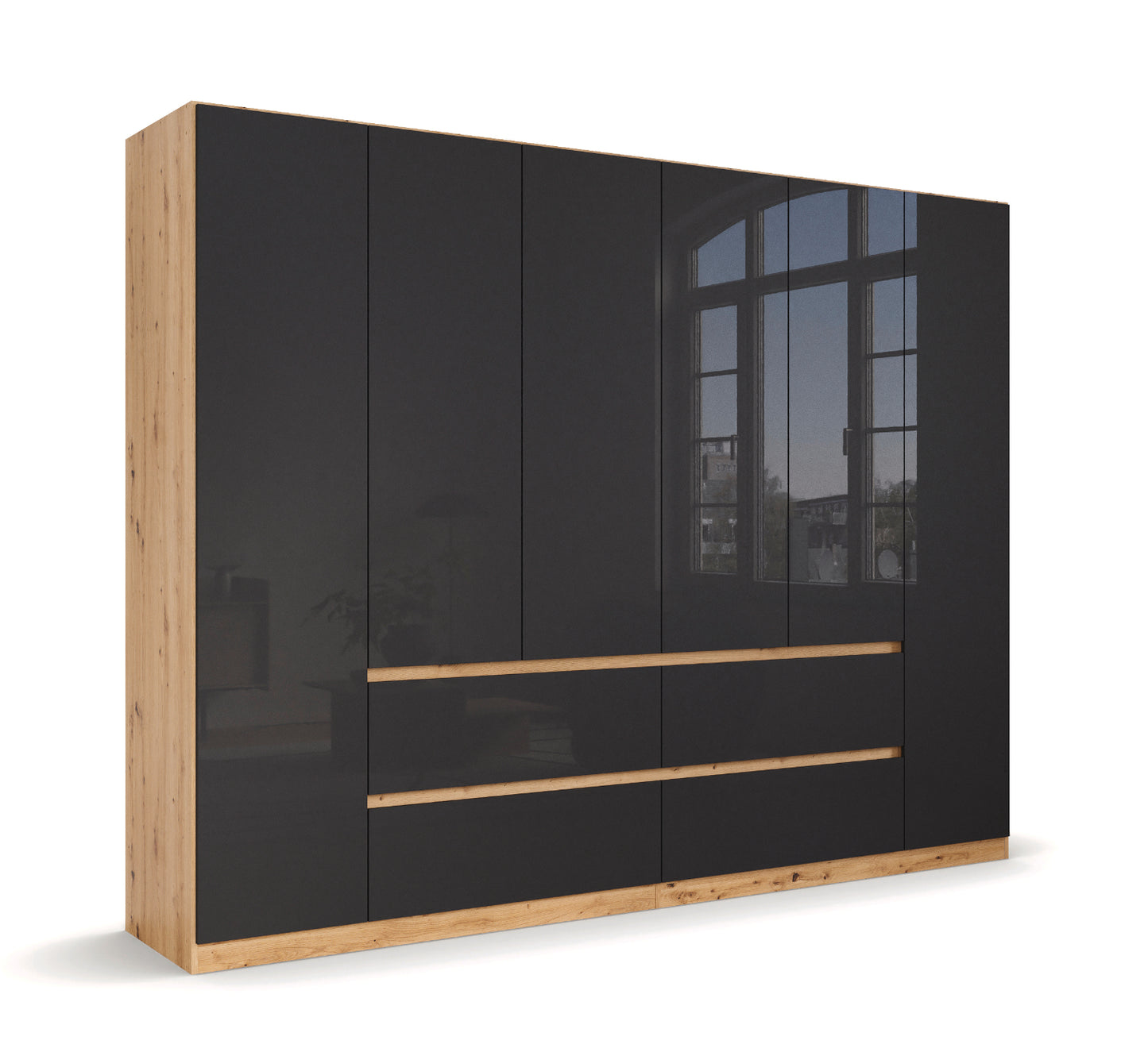 Drehtürenschrank Mainz Hochglanz 6-türig mit 4 Schubladen B/H/T ca. 270 x 210 x 54 cm