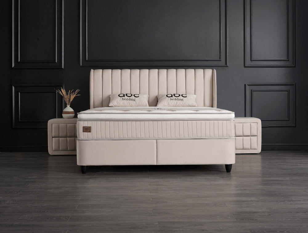 Boxspringbett Mabel Beige Voll-orthopädisches Komfortbett mit Bettkasten, Stauraum, inkl. kostenlose Lieferung und Montage