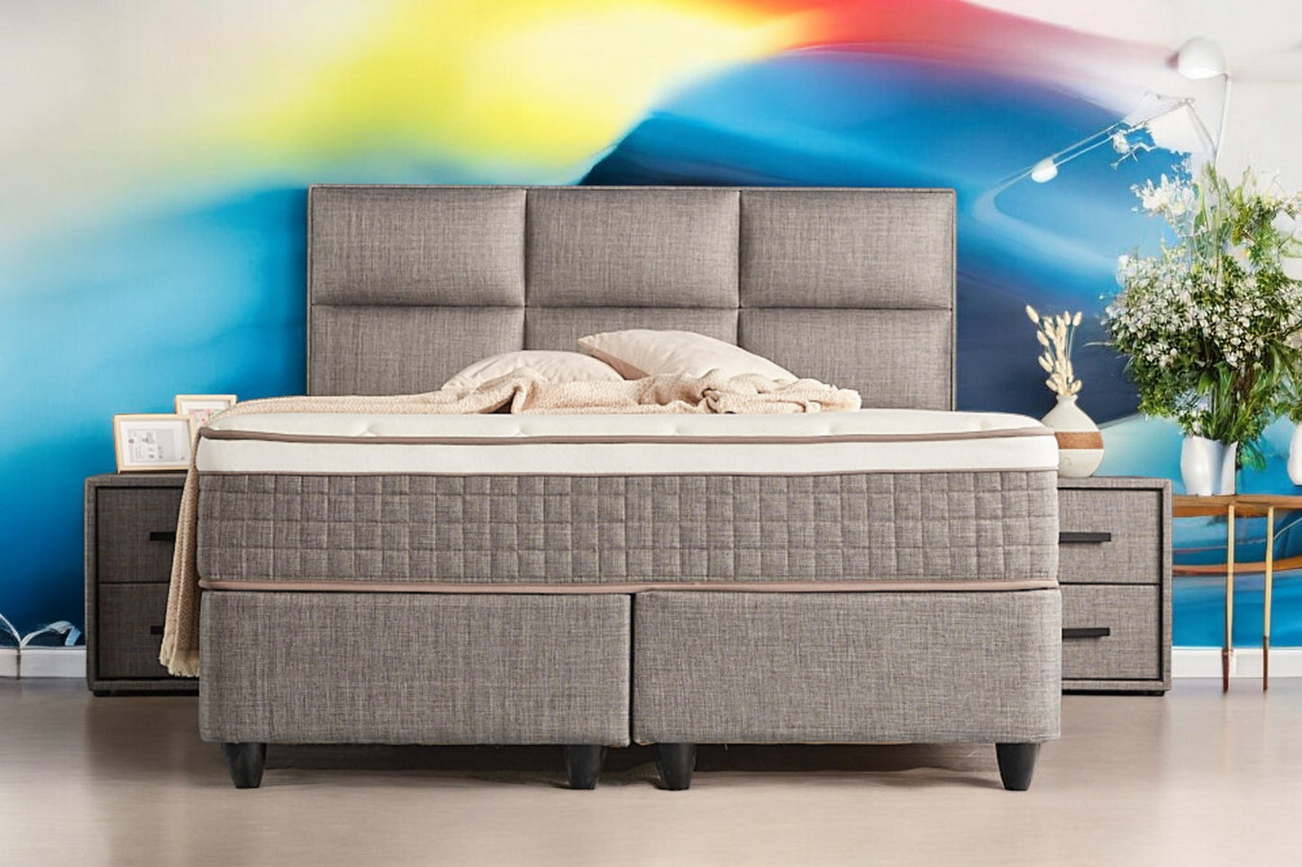 Boxspringbett Zelda Grau/Anthrazit Voll-orthopädisches Komfortbett mit Bettkasten, Stauraum, inkl. kostenlose Lieferung und Montage