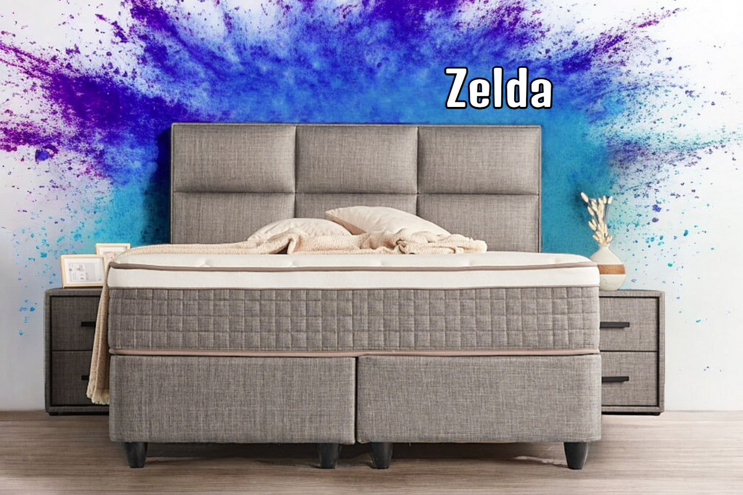 Boxspringbett Zelda Grau/Anthrazit Voll-orthopädisches Komfortbett mit Bettkasten, Stauraum, inkl. kostenlose Lieferung und Montage