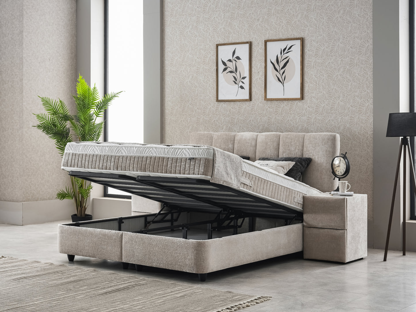 Boxspringbett Lucia Hellgrau/Beige Voll-orthopädisches Komfortbett mit Bettkasten, Stauraum, inkl. kostenlose Lieferung und Montage