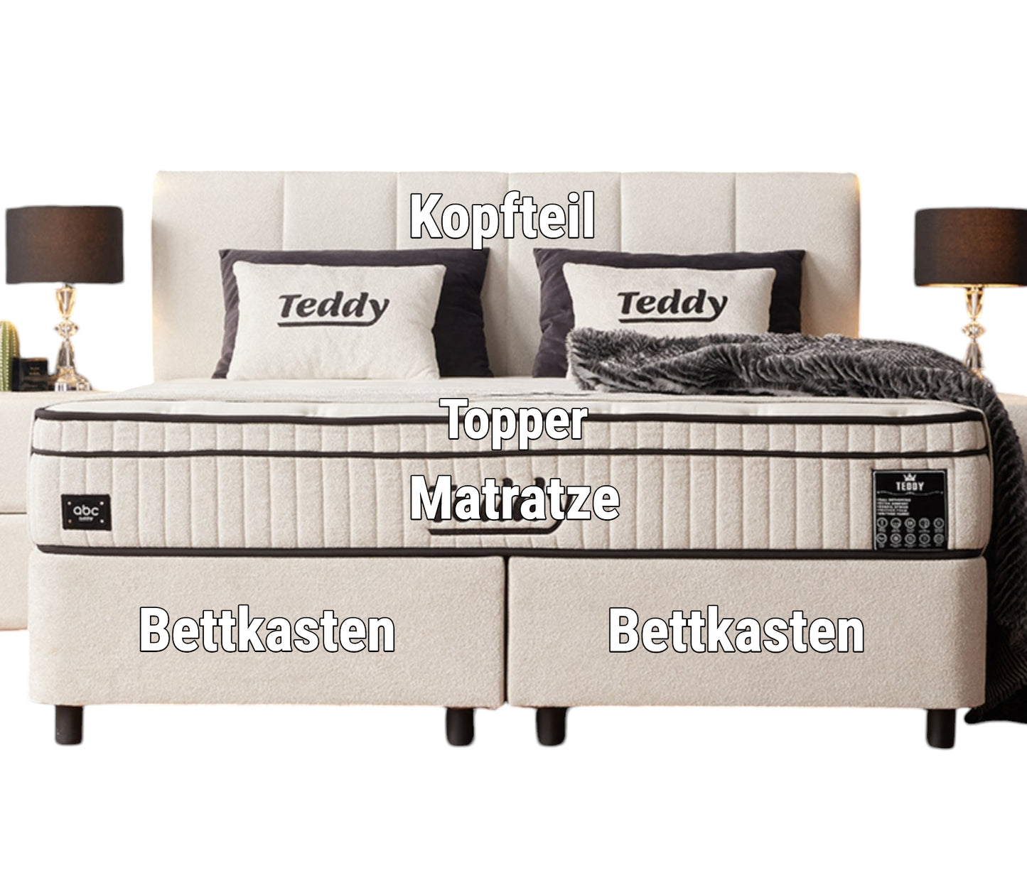Boxspringbett Teddy Cremeweiß Voll-orthopädisches Komfortbett mit Bettkasten, Stauraum, inkl. kostenlose Lieferung und Montage
